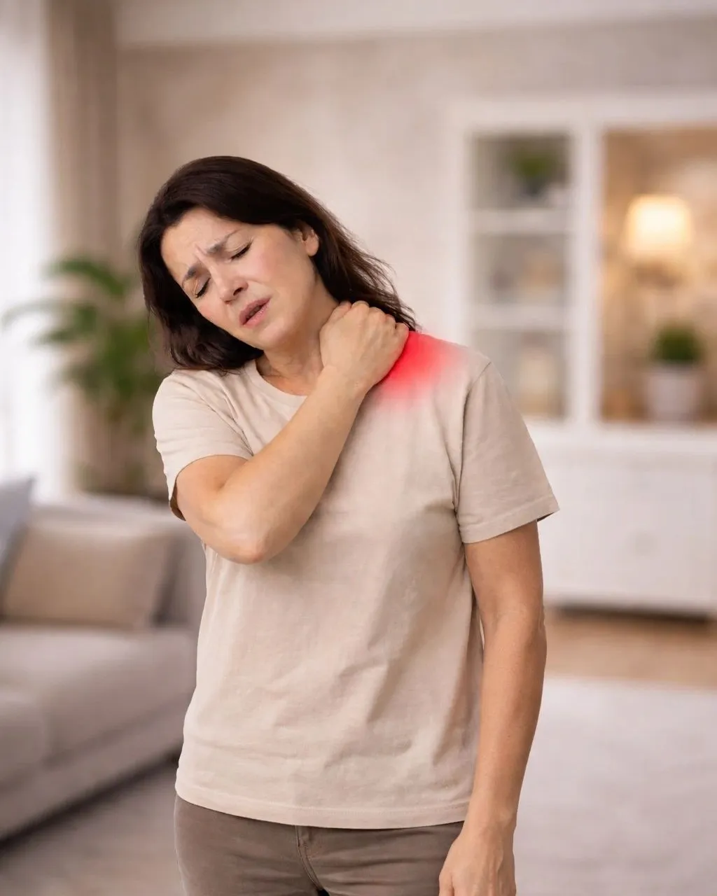 Mulher em pé levando a mão ao pescoço, com dor cervical
