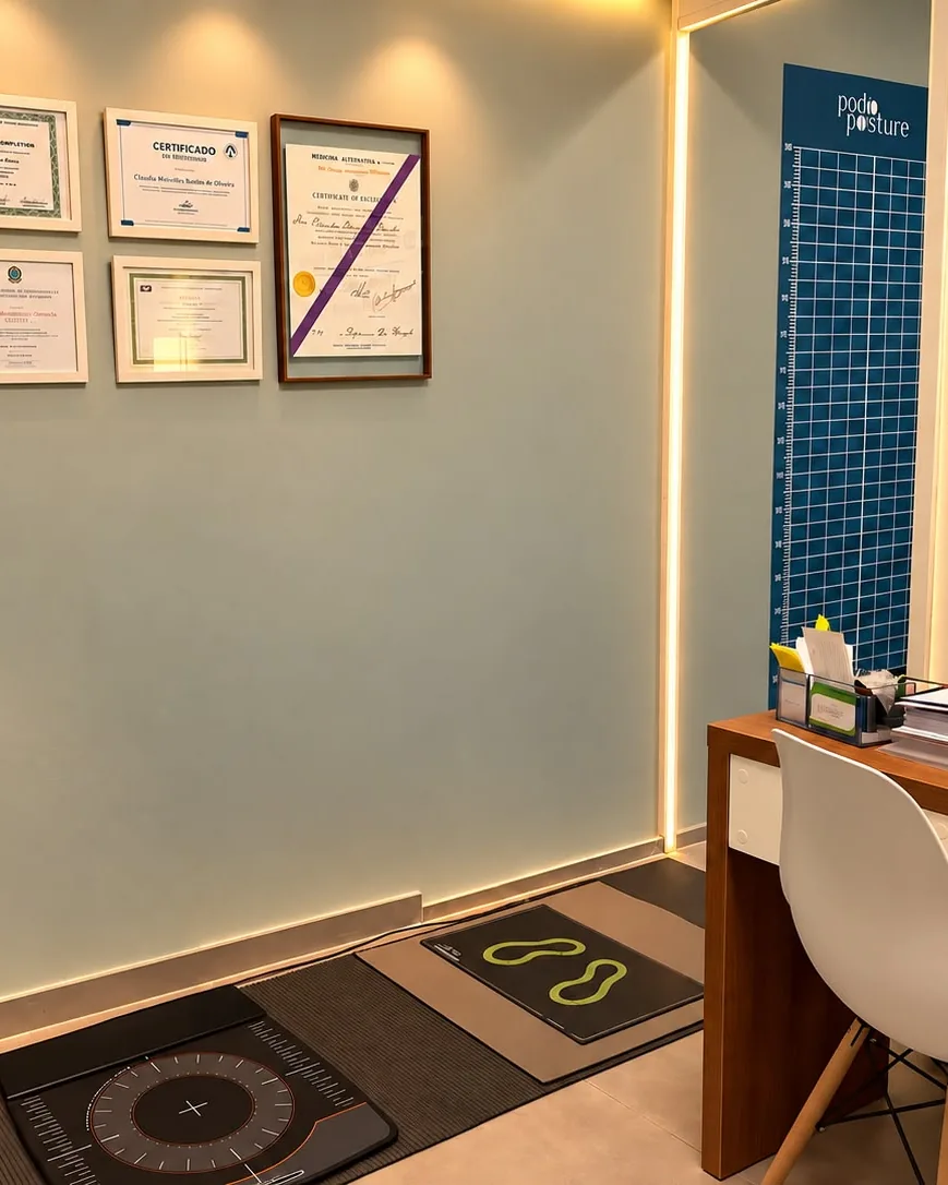 Consultório da Podoposture, com certificados na parede, painel quadriculado de avaliação postural e plataformas de pressão no piso.