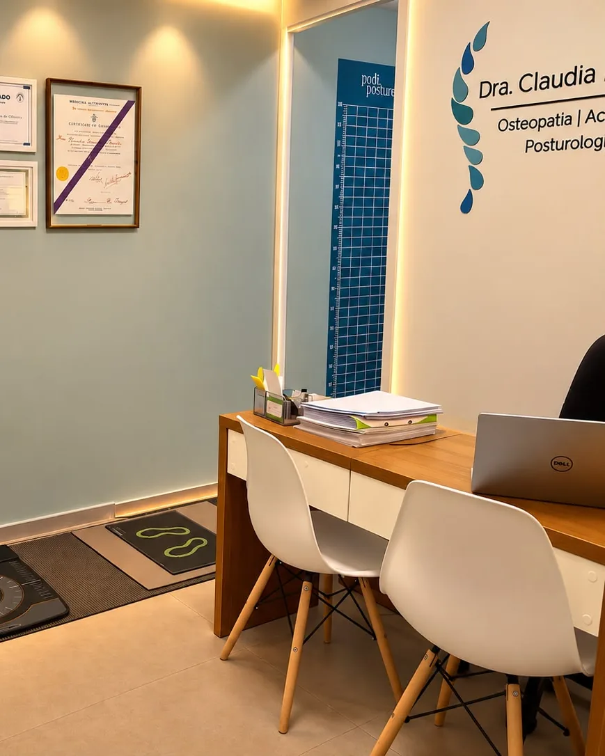 Escritório da clínica, com mesa de trabalho e o painel com o nome e as especialidades da Dra. Claudia.