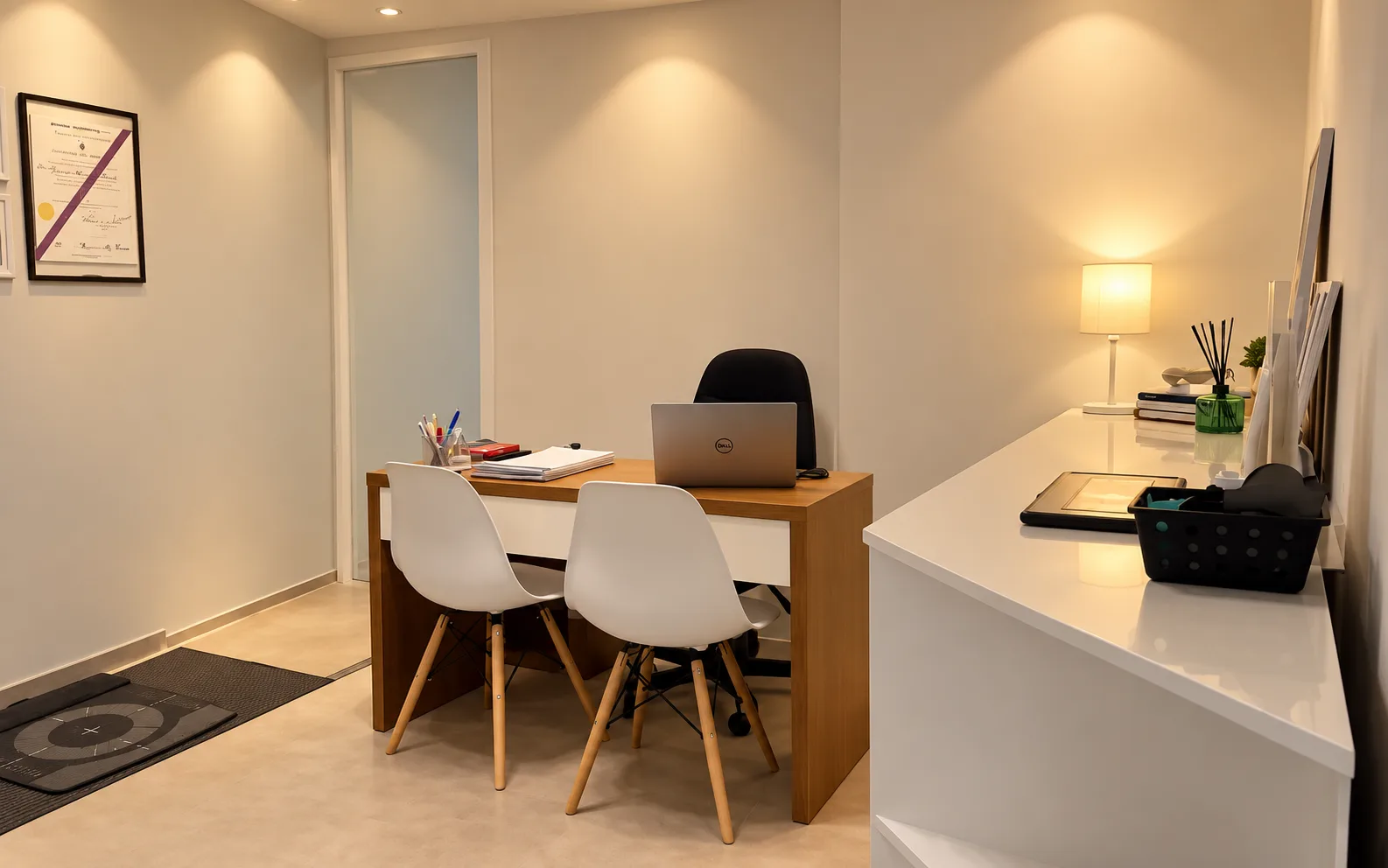 Mesa de atendimento do consultório, com notebook e duas cadeiras brancas de frente para ela; ao lado, a bancada com o abajur aceso.
